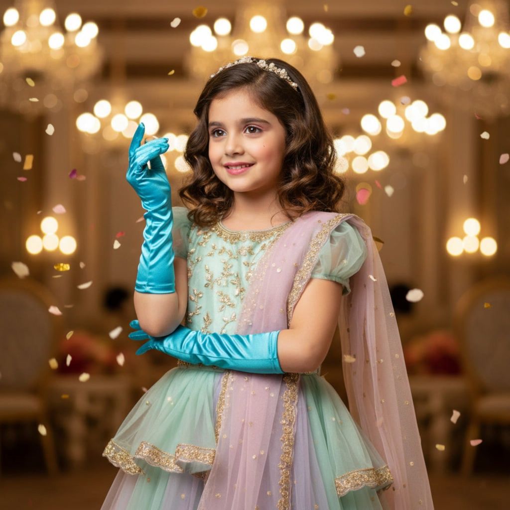 Long Satin Blue Gloves for Kids - Gloves | Buy online on ZillyBuy