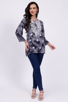 The Chikankari Story Embroidered Rayon Tie-Dyed Chikankari Grey short Kurti with 3D Embroidery.-M