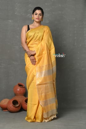 Tyohaar ~ Exclusive! Cotton By Silk Handloom Saree By Khadigram Certified Weavers - Heather Yellow