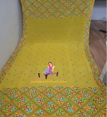 Pure Chinon Chiffon Phulkari Hand Work Dupatta with Patt Thread Work
