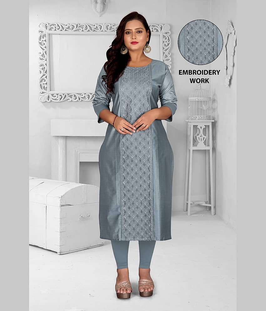 RIAANA Women Chanderi Embroidered Straight Kurti ( Grey )