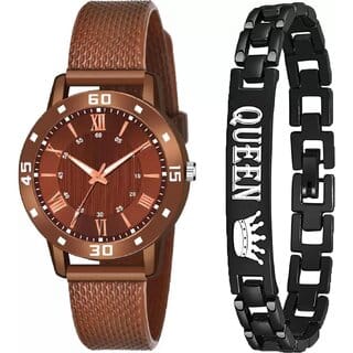 Bolun Roman Brown Av Cash Brown Pu With Queen Bracelet Analog Women and Girls WatchCvvm391