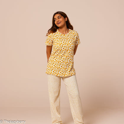 Yellow floral and yellow mix & match night dress-L