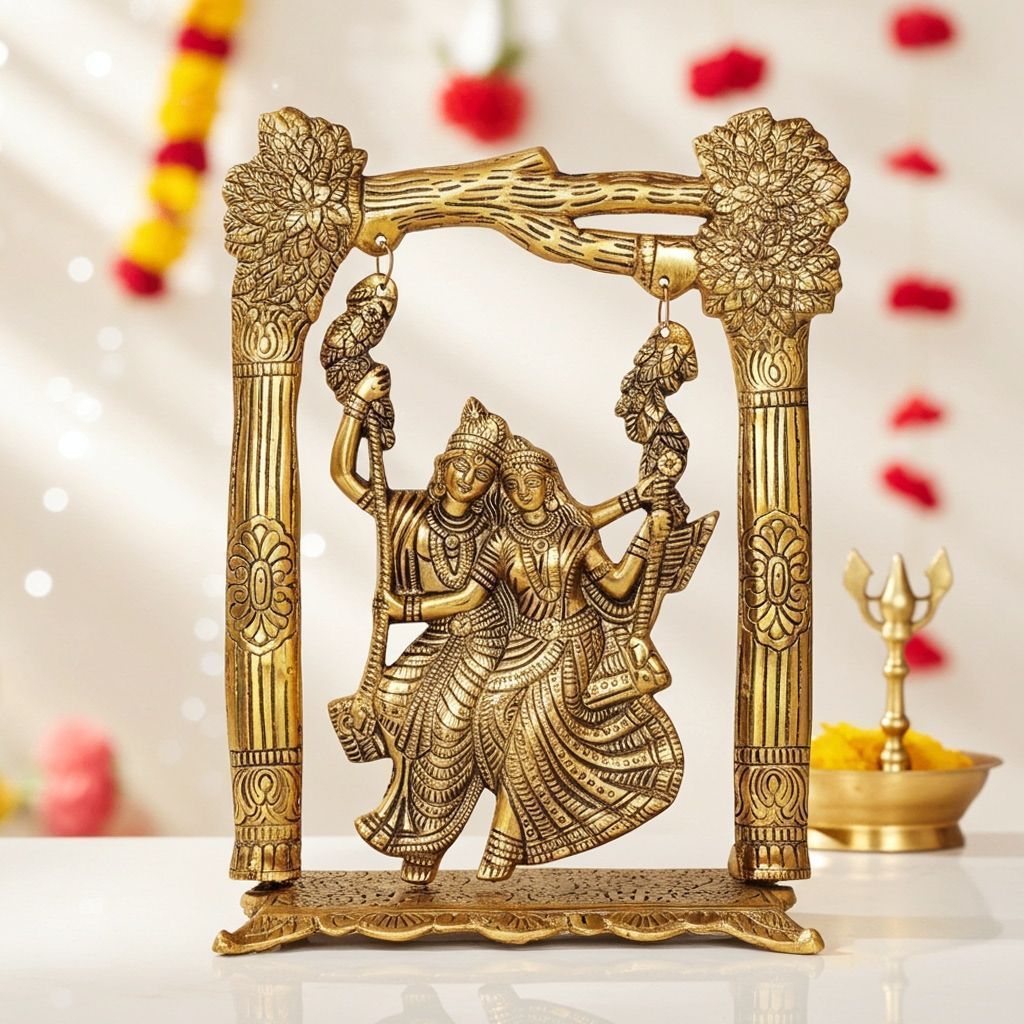 Aluminium Radha Krishna Jhula Idol ? Traditional Decorative Showpiece, Height : 12.2 Inch (ASMAS280 G)