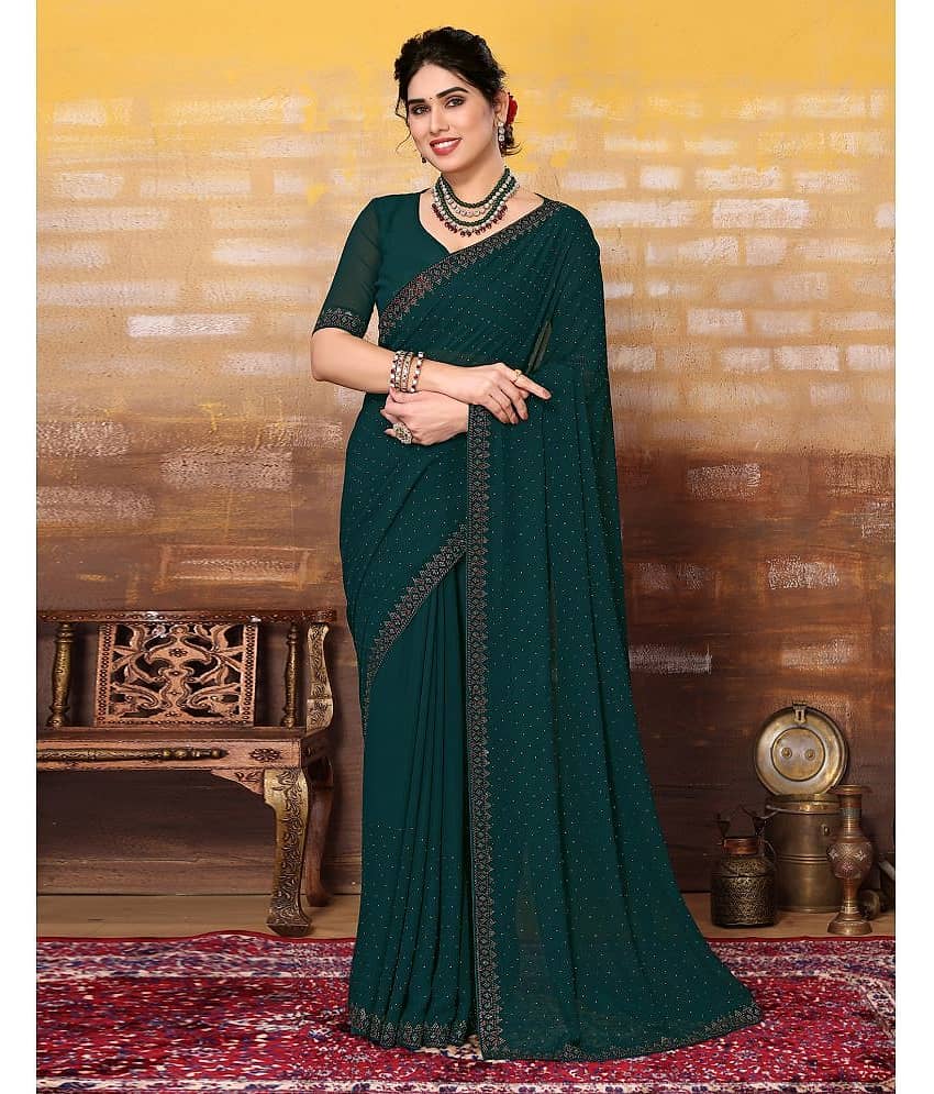Satrani Georgette Embellished Saree With Unstitched Blouse Piece ( Teal )