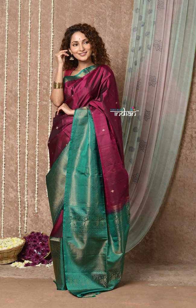 Tyohaar ~ Handloom Pure Silk Saree with Handwoven Zari Work On Pallu ~  Maroon Green - Sarees | Buy online on ZillyBuy