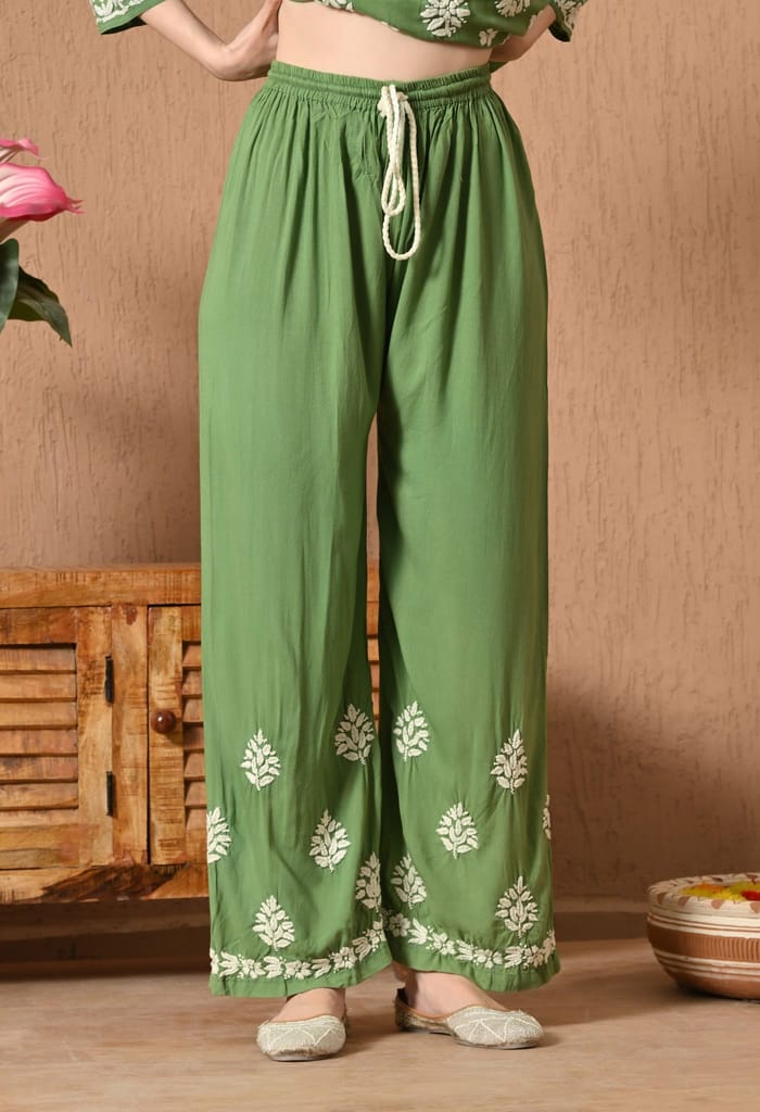 Premium Rayon Chikankari Plazo Set with Hand Embroidery & 3D Work - Green