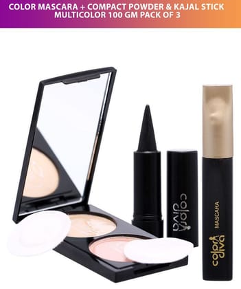 Color Diva Mascara, Dual Compact Powder & Kajal Stick Multicolor Pack of 3