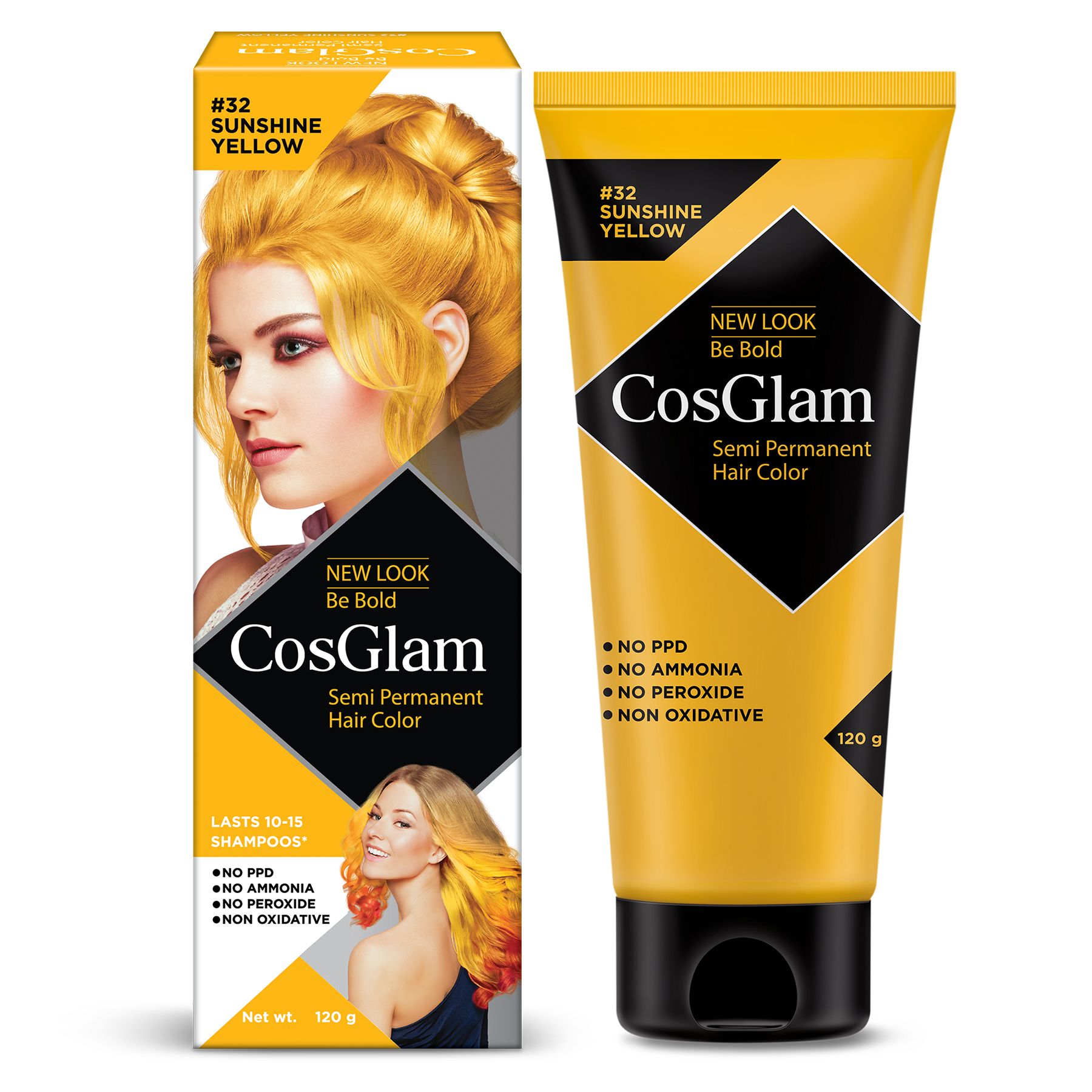 COSGLAM Semi Permanent Hair Color, No Peroxide, Non Oxidative, Ammonia Free Hair Colour 32 Sushine Yellow - 120gm