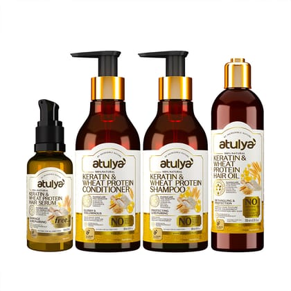 atulya Keratin & Wheat Protein Shampoo, Conditioner, Hair Oil with Hair Serum Combo (Set of 4)