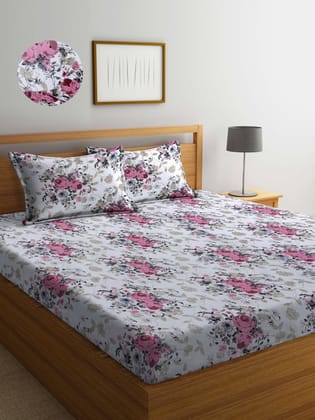 Unisex White Floral 300 TC 130 GSM  King Size Bedsheet with 2 Pillow Covers