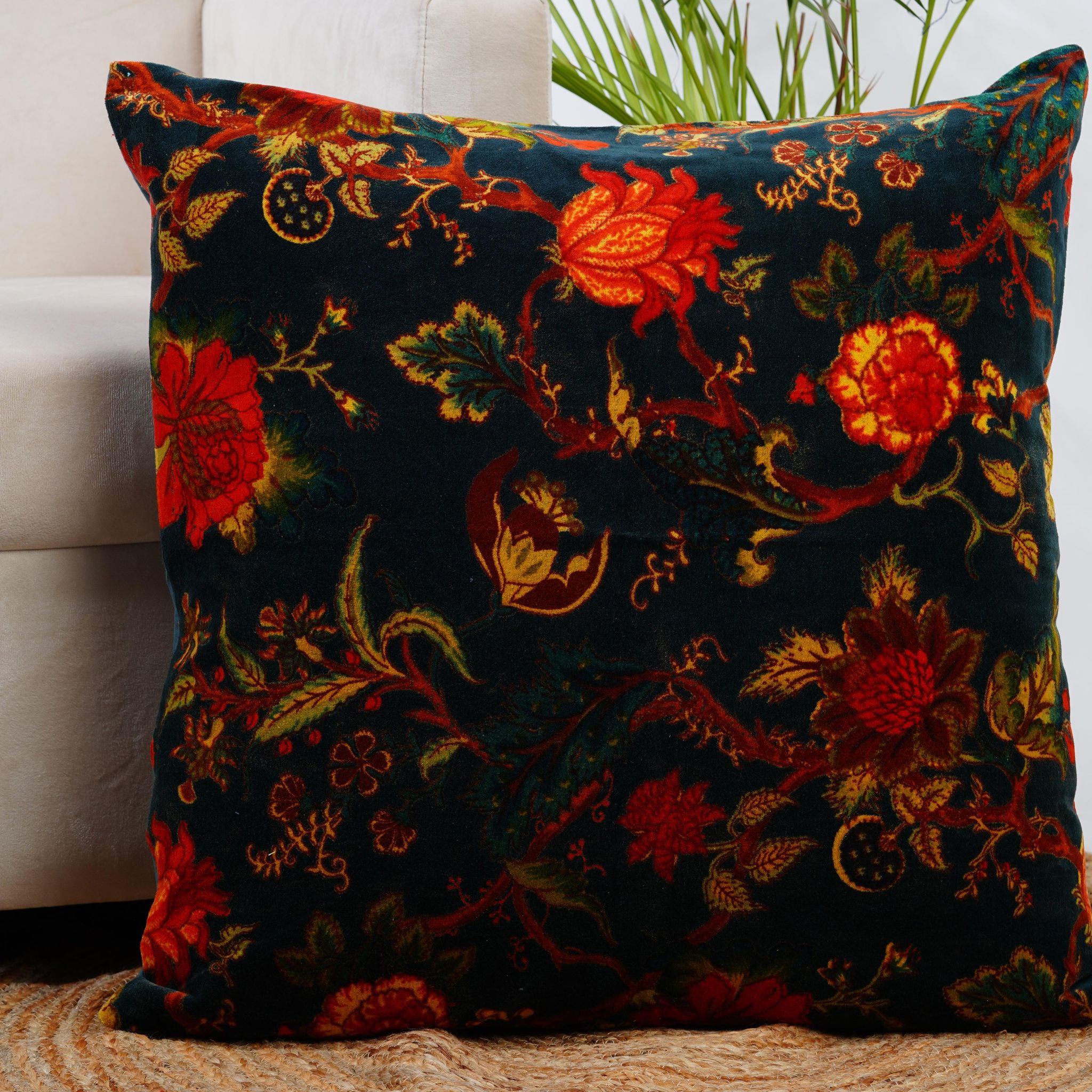 Tree of life velvet cushion cover- Green-12 x 12 inches / Plain Cotton Backing