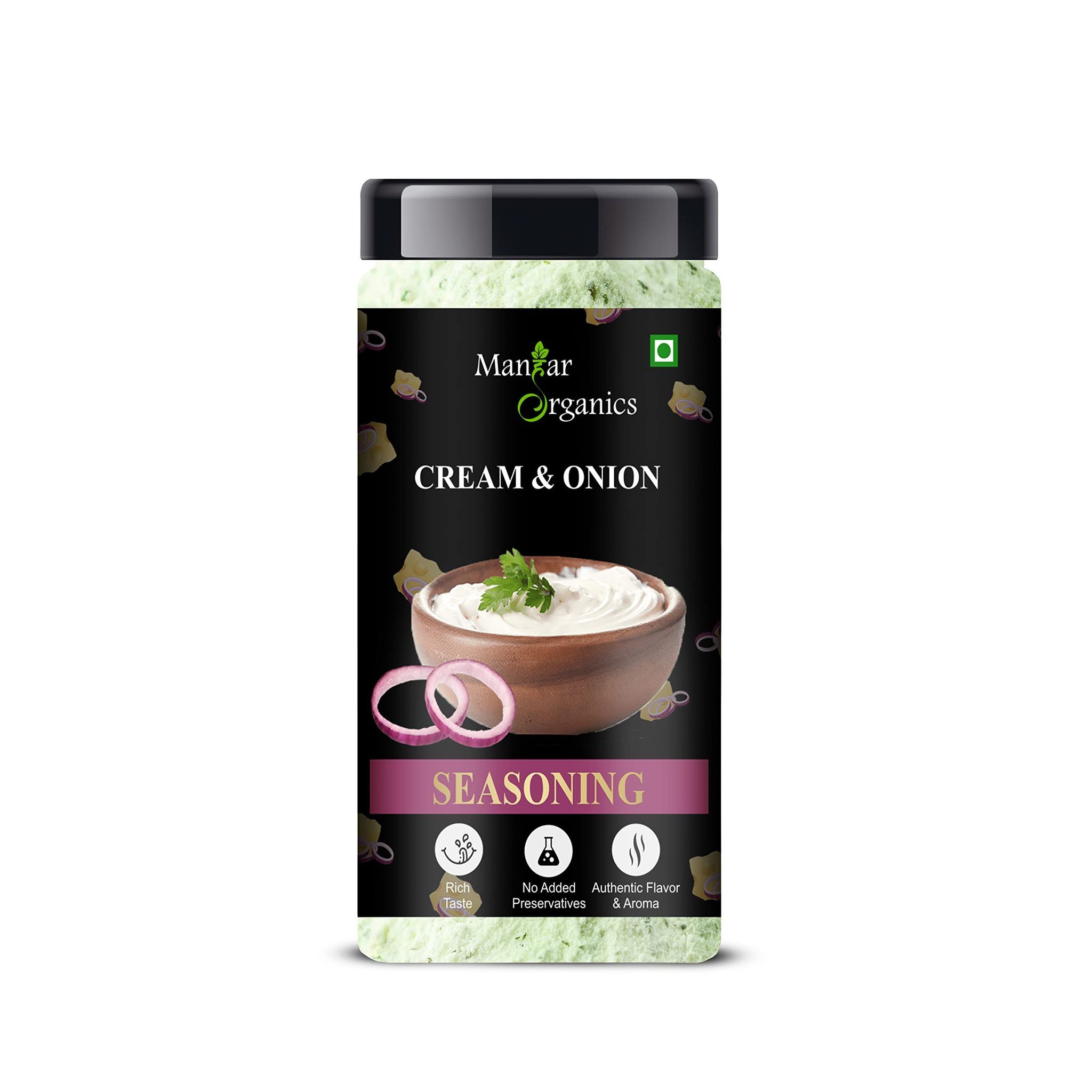 ManHar Organics Cream & Onion Seasoning Powder | Rich, Savory Flavour Enhancer for Snacks, Fries, Popcorn & More | Jar 150gm