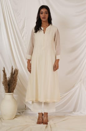 Off White Pintuck Kurta Coord Set-XL