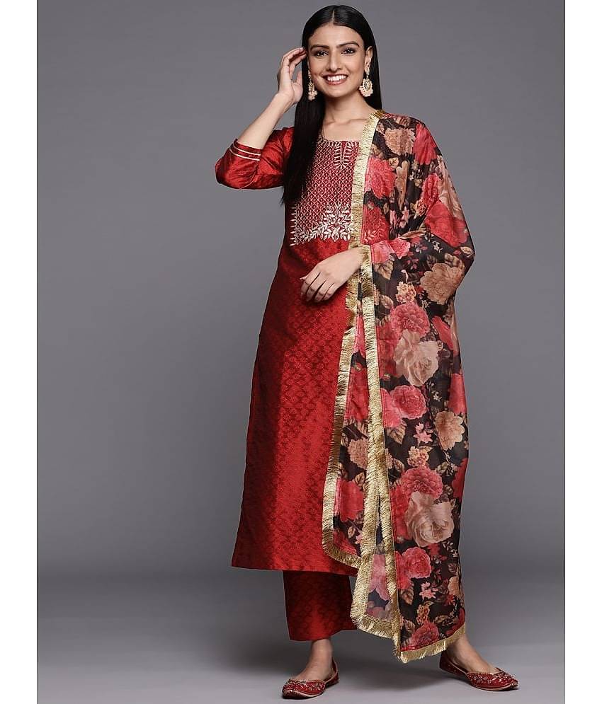 Varanga Silk Blend Embroidered Kurti With Pants Women's Stitched Salwar Suit - Red ( Pack of 1 )