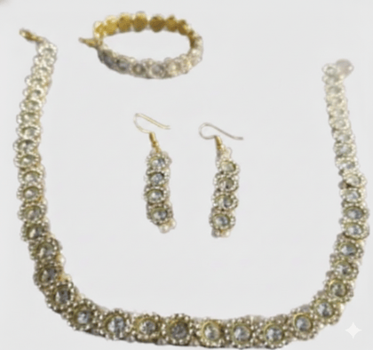 Gold Tone Stone Studded Necklace Set with Matching Earrings and Bracelet for Women – Elegant Party Wear Jewelry