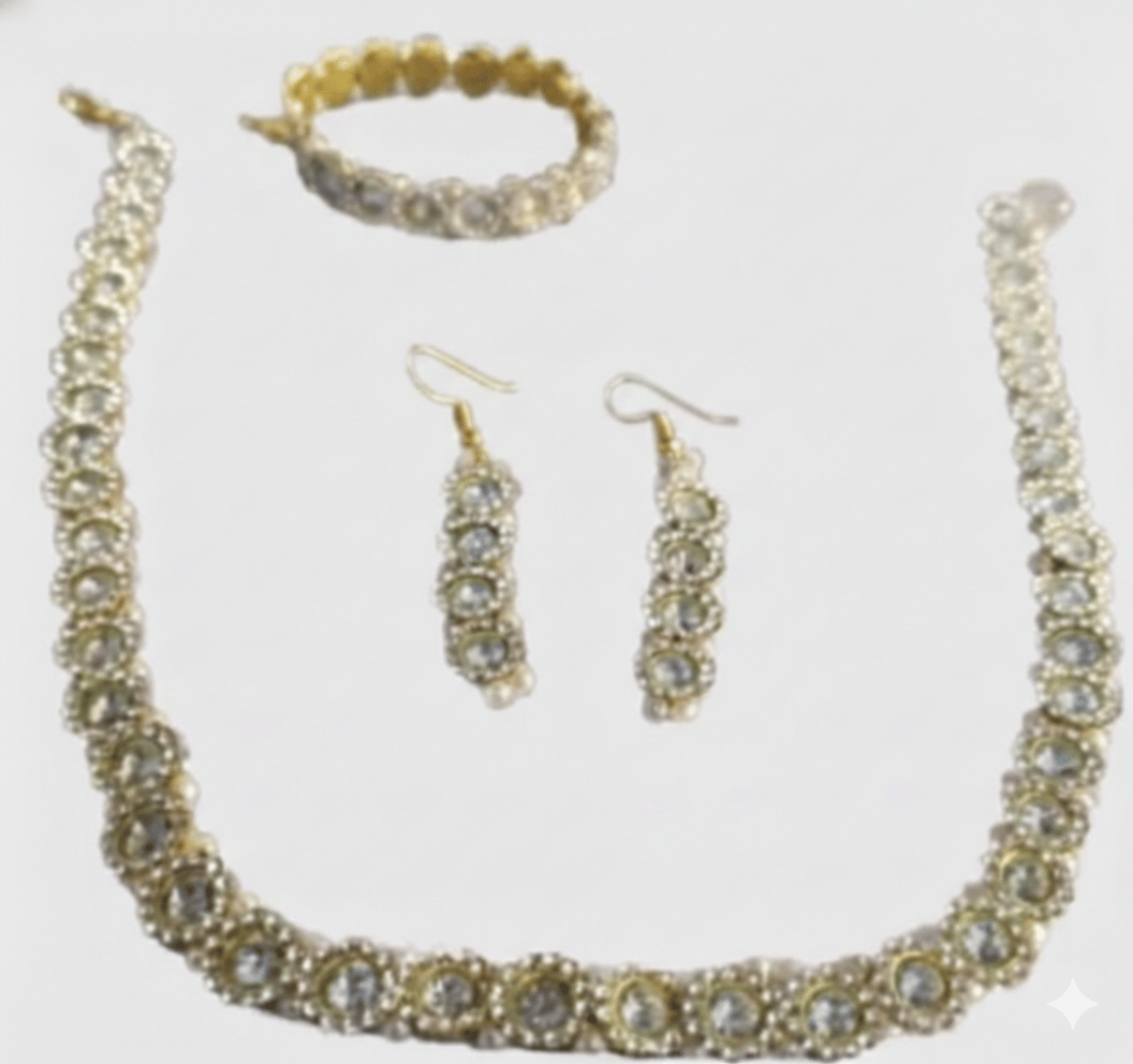 Gold Tone Stone Embellished Necklace Set with Coordinated Earrings and Bracelet for Women