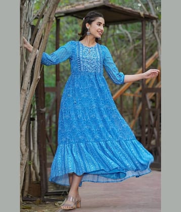 Juniper Women Georgette Printed Fit & Flare Dress ( Blue )