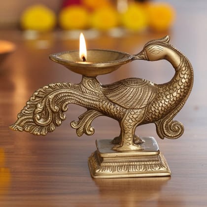 Brass Peacock Diya Jyoti Deepak Oil Lamp 1 Wicks  - Handmade Brass Deepak for Home Puja, Height : 5 Inch (BSMAS1180 A)