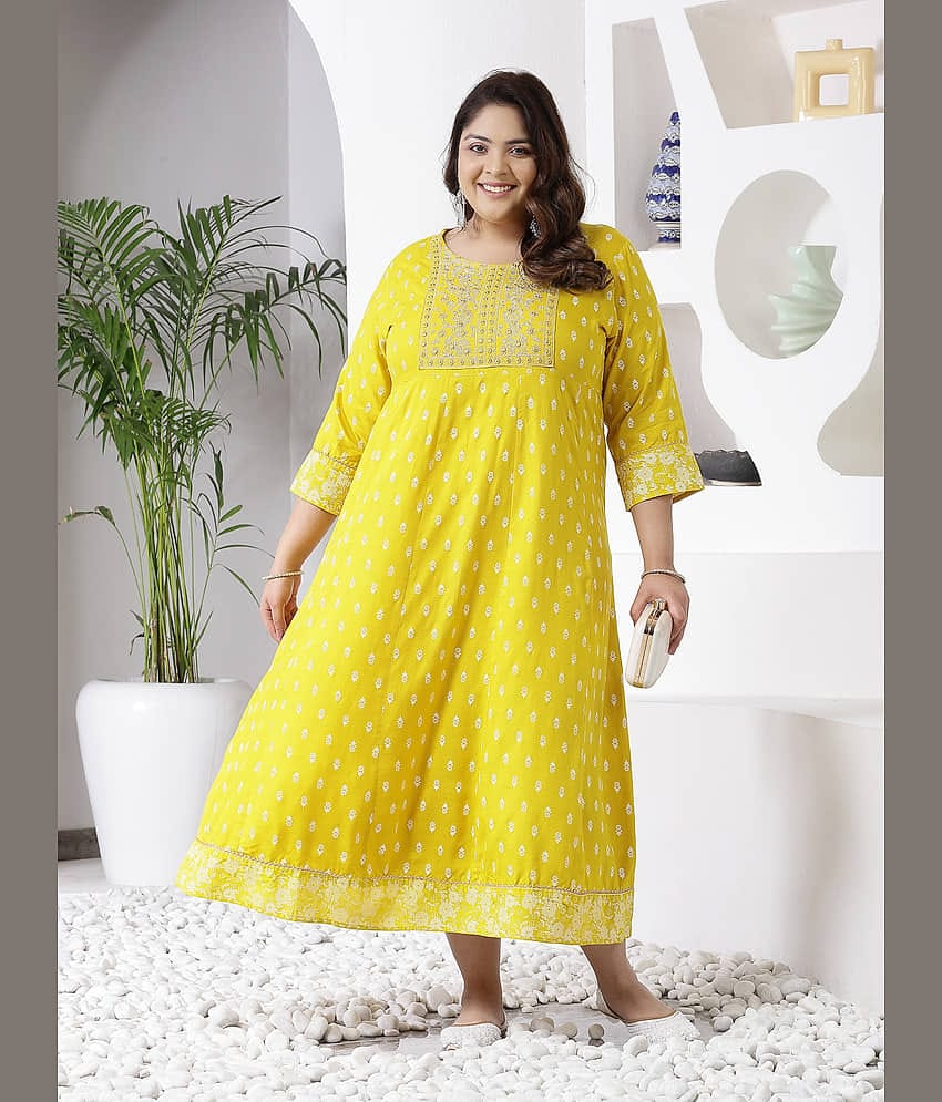Little More By Stylum Rayon Embroidered Anarkali Women's Kurti - Mustard ( Pack of 1 )