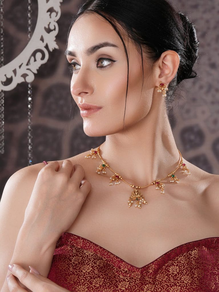 Gold Plated Ball Chain Kempo Studded Lakshmiji Pendant Minimal Jewellery Set - Jewellery Sets | Buy online on ZillyBuy