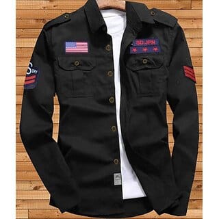 Fashlook Solid Curved Collar Regular Fit Cotton Blend Casual Black Shirt For Mens