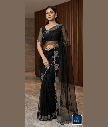 Gullak Net Embellished Regular Saree With Unstitched Blouse Piece ( Black )