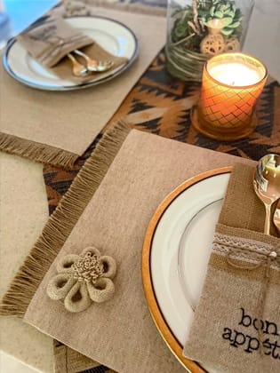 KRI India Raw Jute Flower Appliqué Table Placemats|Set of 6|Jute fringed | Jute beige | 12x17.5 inches  | Wash & Care | 100% Cotton | Handcrafted in India. 100% organic & natural.