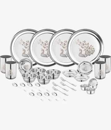 Classic Essentials Laser Printed Stainless Steel Dinner Set ( Pack of 32 ) Silver
