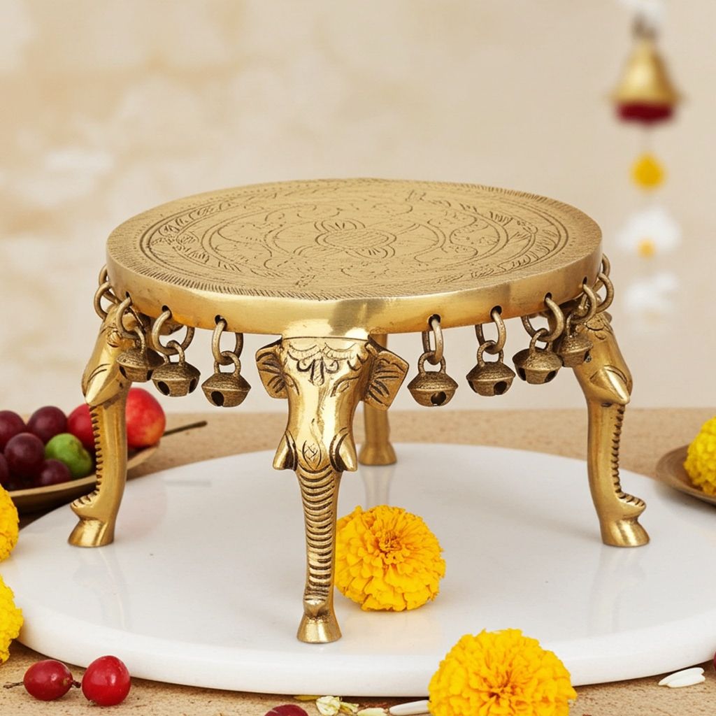 Brass Round Shape Chowki for God Idol - Decorative Temple Stand, Length : 6.5 Inch (BSMAS697 G)