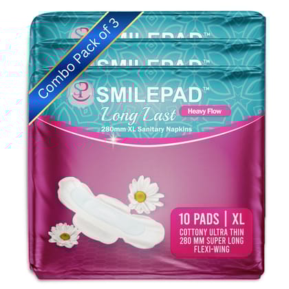Smilepad Long Last Sanitary Pads for Women | 280mm XL Size Cottony Ultra-thin Sanitary Napkins with Long Flexi Wings for Extra Coverage | Combo Pack of 3 - (30 Pads)