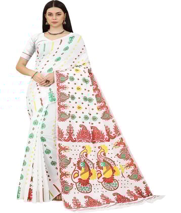 NENCY FASHION Cotton Embroidered Saree With Unstitched Blouse Piece ( Blue )