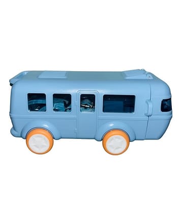 Kids Water Bottle with Straw, Bus Shaped Design, Blue with Orange Wheels, Portable with Shoulder Strap, One-Hand Operation Lock