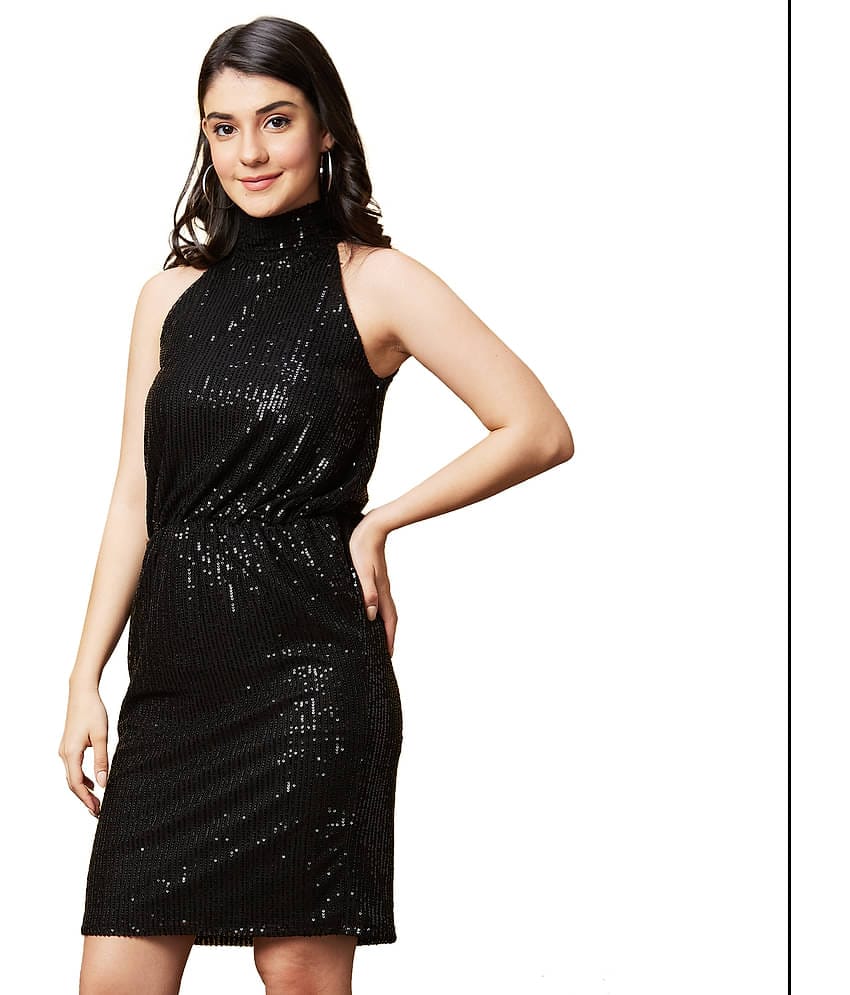 Globus Polyester Embellished Above Knee Women's Bodycon Dress - Black ( Pack of 1 )
