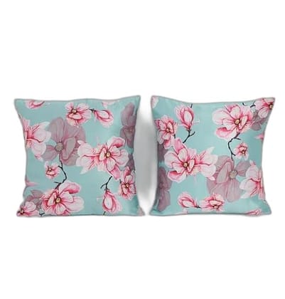 Koko Decorative Polyester Cushion Cover 16 x 16 Inch - Natural Soft Textured Sky Blue Floral Print | Square Pillow Covers for Bed & Chair Seat | Set of 2
