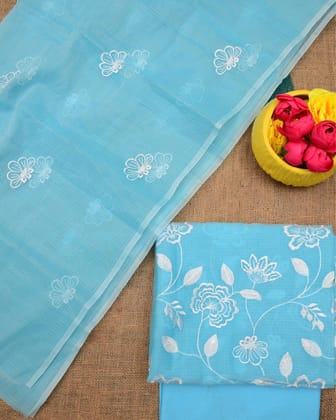 Kashidakari Kota Doria Embroidered Sky Blue Suit