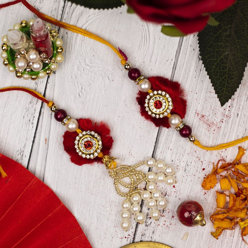 Craftlayout Lumba Red Pearl Rakhi For Brother and Bhabhi, Gift Hamper