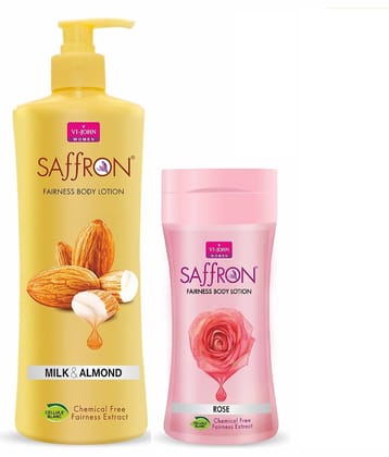 VI-JOHN Saffron Fairness Body Lotion Milk Almond 400ml & Rose 250ml Pack of 2
