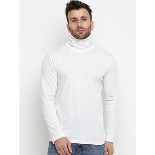 Fashlook Solid High Neck Cotton Blend Casual White Full Sleeve T-Shirt For Mens