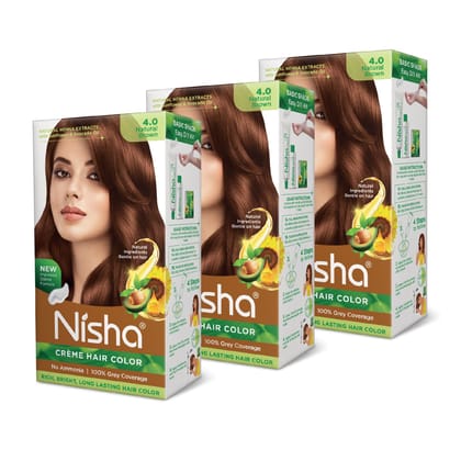 Nisha Creme Hair Color 4.0 Natural Brown 120g Pack of 3, Permanent Hair Colour, No Ammonia, 100% Grey Coverage