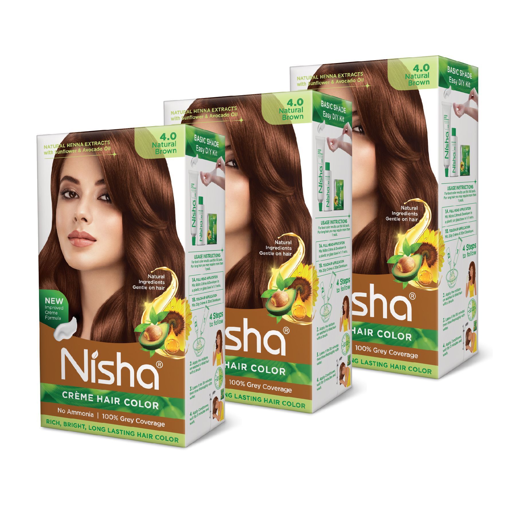 Nisha Creme Hair Color 4.0 Natural Brown 120g Pack of 3, Permanent Hair Colour, No Ammonia, 100% Grey Coverage