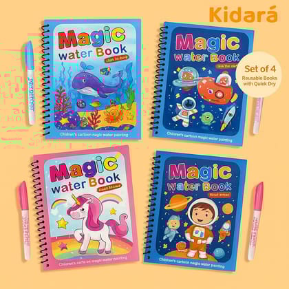 Magic Water Coloring Set of 4 Books | Reusable, Quick Dry | Promotes Motor, Drawing Skills | Ages 3-6 | (Includes 4 Marker)