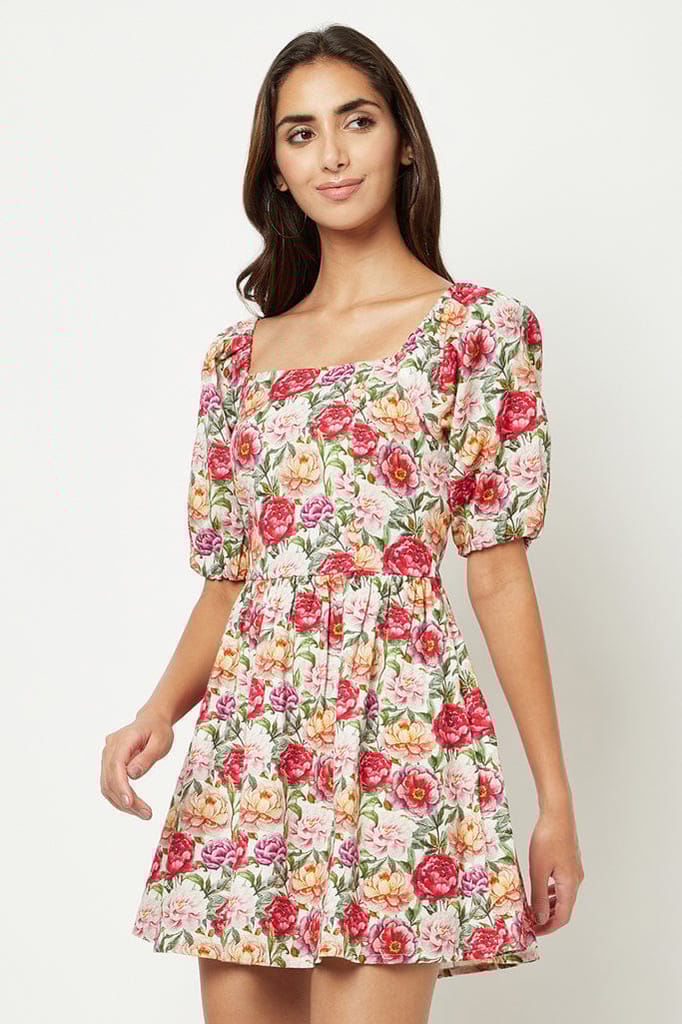 Red Floral Linen Dress