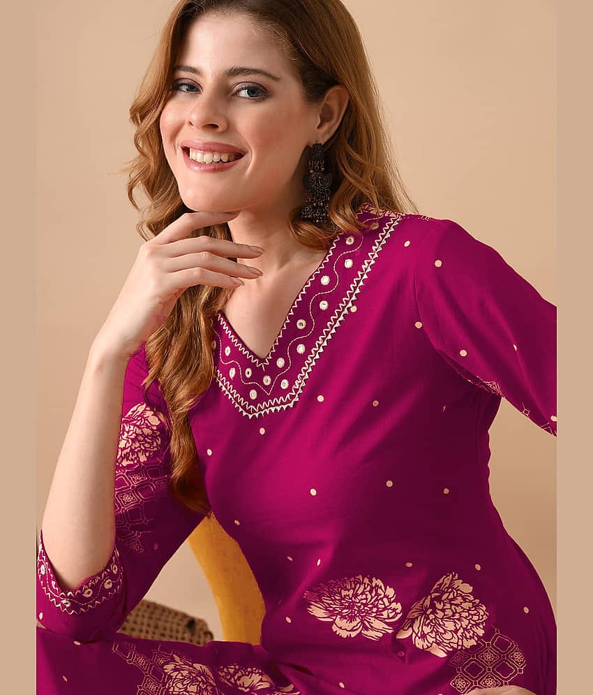 Lerkiza Women Cotton Blend Embroidered A-line Kurti ( Orange )