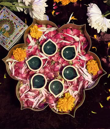 Green Ceramic Diya - Set Of 6