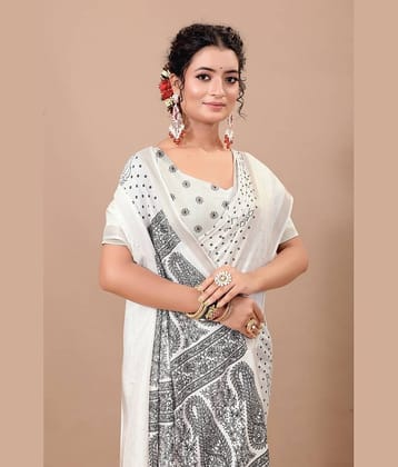 THE PRIVATE LABLE Linen Embroidered Saree With Unstitched Blouse Piece ( White )