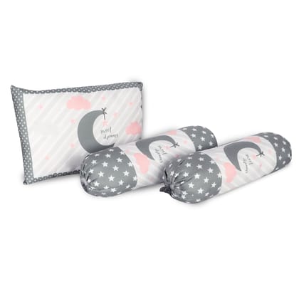 LOREM Grey 3 Pillows & Rectangle Shape Moon Cotton Baby Bed for 0-1 Year BB107