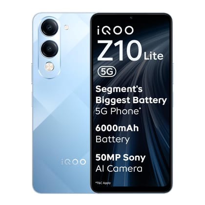 iQOO Z10 Lite 5G (Titanium Blue, 8GB RAM, 256GB Storage) | 6000 mAh Battery | Dimensity 6300 5G Processor with 433K+* AnTuTu Score | IP64 Rated & Military Grade Shock-Resistance* iQOO Z10 Lite 5G (Titanium Blue, 8GB RAM, 256GB Storage) | 6000 mAh Battery