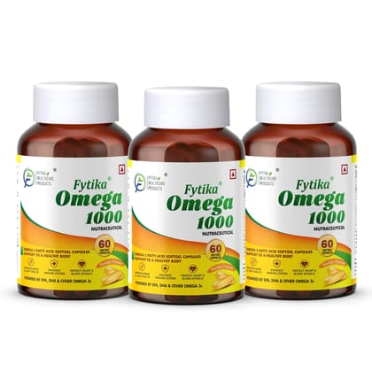 Fytika Omega 1000 - For Heart, Brain, Joint, Muscle Support, EPA 360 MG + DHA 240 MG, Omega Fatty Acids 400 MG, For Men, Women - Pack of 3 (180 Capsules)