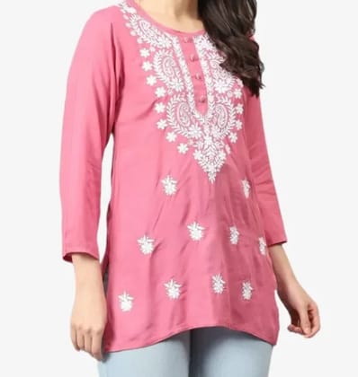 Lucknowi Chikankari Machine Embroidery Short Kurta Pink Cotton Rayon Fabric